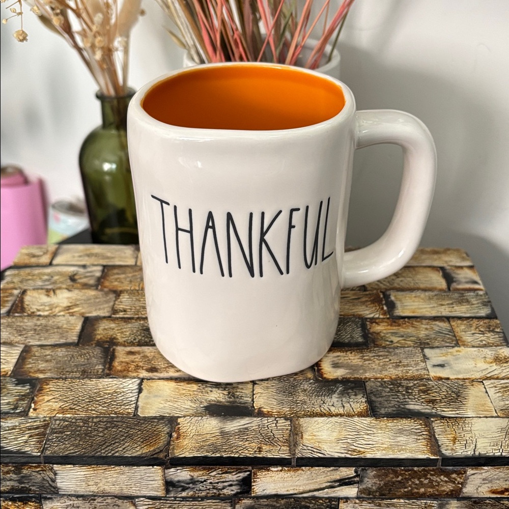 NWT RAE DUNN Ceramic THANKFUL Large Mug Autumn Fall White Orange - Picture 3 of 9